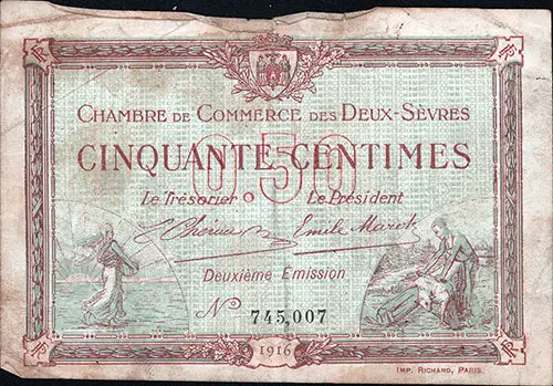 Front Side of a Cinquante Centimes 0.50 French Bank Note Currency, 1916.