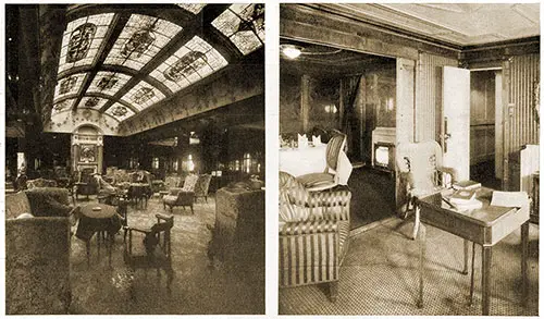 Left: The Lounge on the Lusitania Looking Forward. Right: A "Royal Suite" on the Lusitania, Starboard Side, B. Deck.