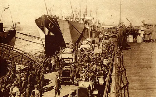 A fleet of Camouflaged American Transports That Have Arrived Safely at the Liverpool Docks