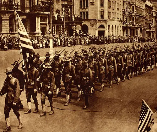 American Troops Swinging down Piccadilly on Their March through London