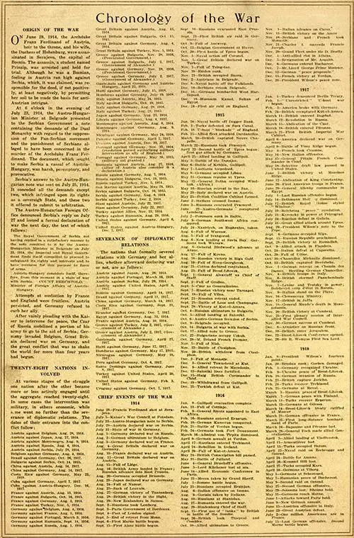 Chronology of the War including: Origin of the War; Twenty-Eight Nations Involved; Severance of Diplomatic Relations; And Chief Events of the War by Year (1914-1918). 