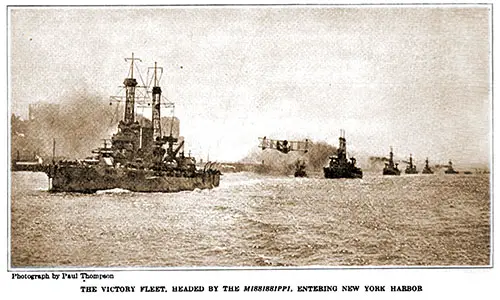 The Victory Fleet, Headed by the USS Mississippi, Entering New York Harbor.