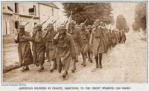 American Soldiers in France, Marching to the Front Wearing Gas Masks.