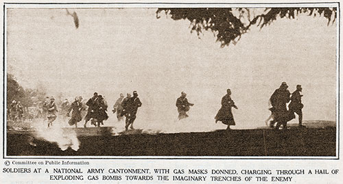 Soldiers at a National Army Cantonment, With Gas Masks Donned, Charging Through a Hail of Exploding Gas Bombs Towards the Imaginary Trenches of the Enemy.