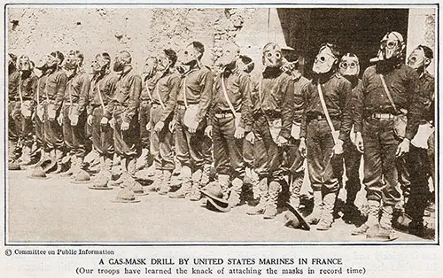 A Gas Mask Drill by United States Marines in France. Our Troops have Learned the Knack of Attaching the Masks in Record Time.