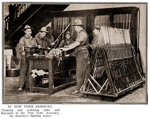 In New York Armoury. Cleaning and Polishing Rifles and Bayonets in the New York Armoury, for America’s Fighting Forces.