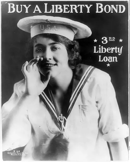 Buy a Liberty Bond - 3rd Liberty Loan. Photograph Shows a Poster of Girl Wearing a Sailor Suit with Hand Cupped to Side of Mouth.