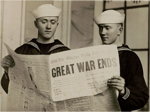 Two Unidentified Sailors Holding Copy of the Chicago Daily Tribune with the Headline "Great War Ends."