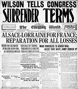 Front Page, The Evening World Newspaper, Final Edition, New York, Monday, 11 November 1918.