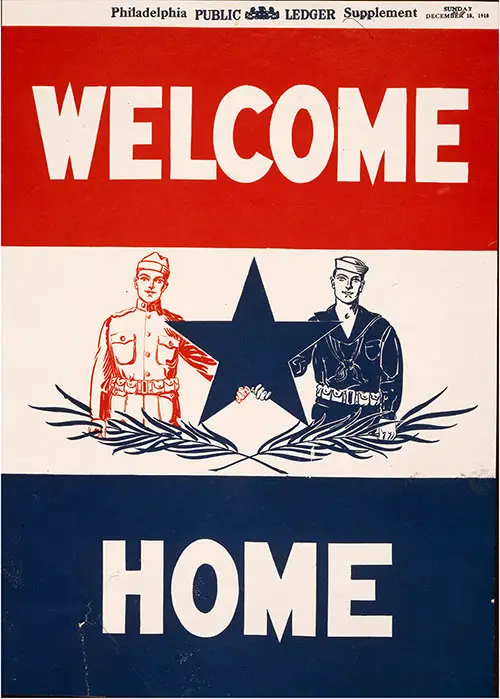 Welcome Home. Poster Showing a Soldier and a Sailor Holding a Large Star.