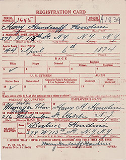 World War 1 Draft Registration Card for Harry Handcuff Houdini, 1918.