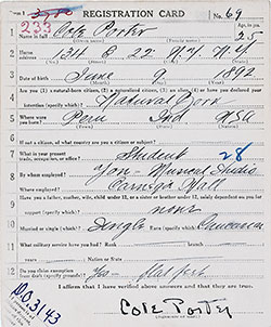 World War I Draft Registration Card for Cole Porter, 5 June 1917.