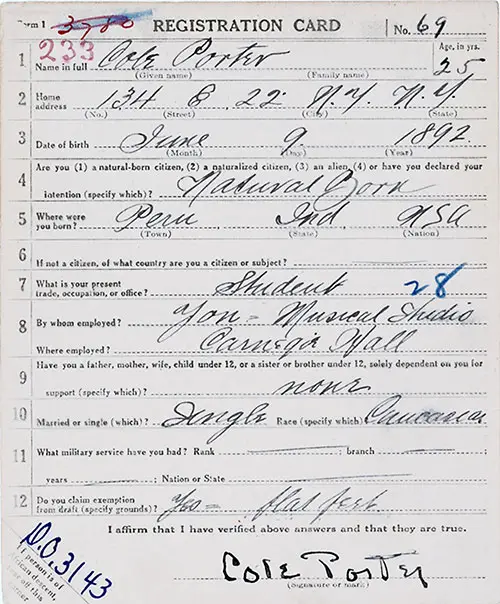 World War I Draft Registration Card for Cole Porter, 5 June 1917.