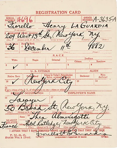 World War I Draft Registration Card for Fiorello Henry La Guardia, 1918.