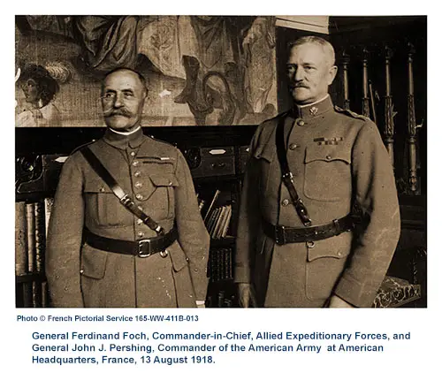 General Ferdinand Foch, Commander-in-Chief, Allied Expeditionary Forces, and General John J. Pershing, Commander of the American Army. At the American Headquarters, France, 13 August 1918.