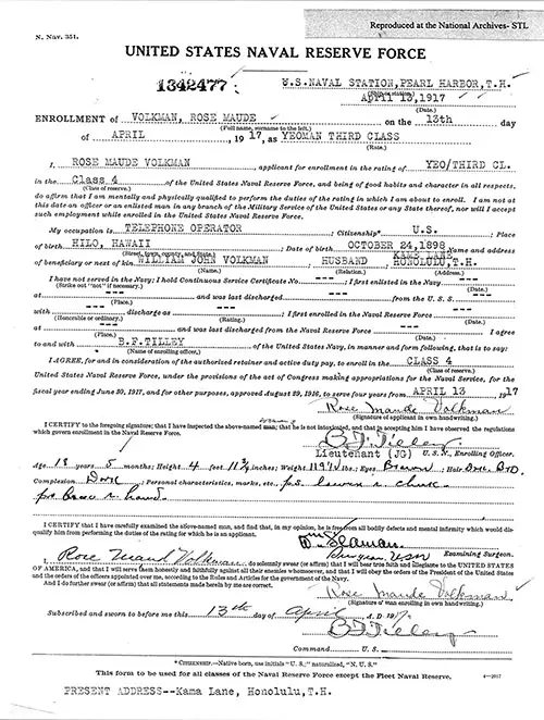 Yeoman (f) Rose M. Volkman's Service Record Lists Merits and Achievements During Her Service, Including Her Enlistment, Transfer To New York, and Honorable Discharge.