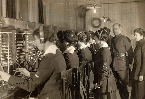 Telephone Exchange with Women Operators, Elysees Palace Hotel. Paris, Seine, France.