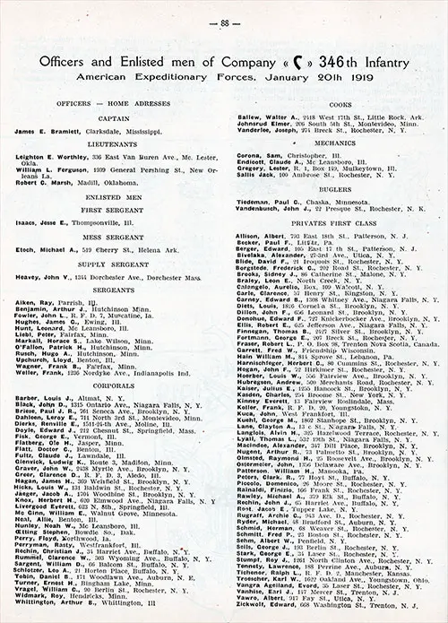 The roster of Officers and Enlisted Men of Company C, 346th Infantry AEF, 20 January 1919. Part 1 of 2.