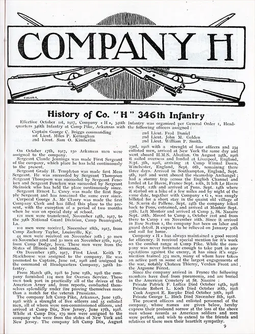 History of Company "H," 346th Infantry, 87th Division, AEF.