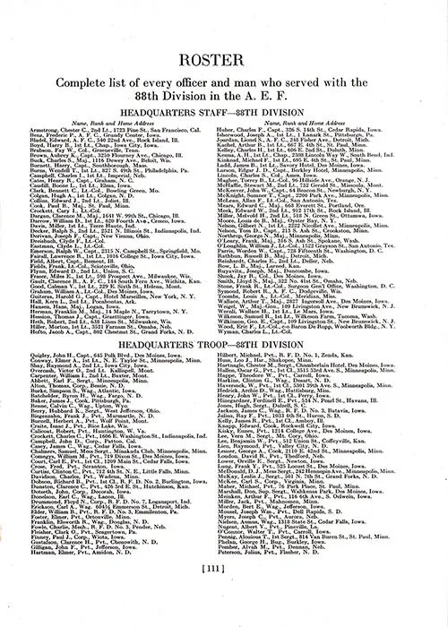 Roster of Officers and Enlisted Men of Headquarters Staff, Troops, and Detachments, 88th Division, AEF. Part 1 of 2.