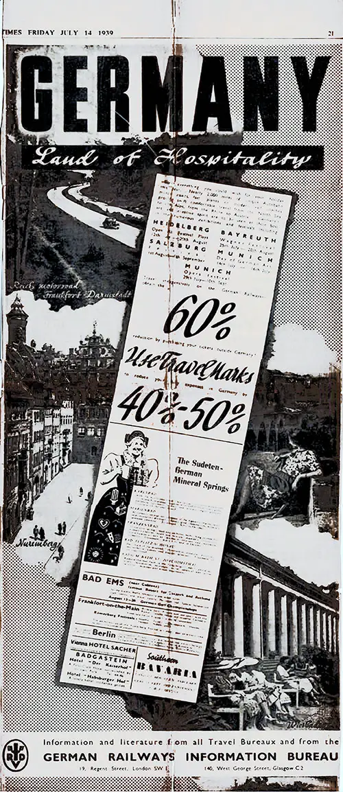 German Tourist Print Ad - London Times in July 1939